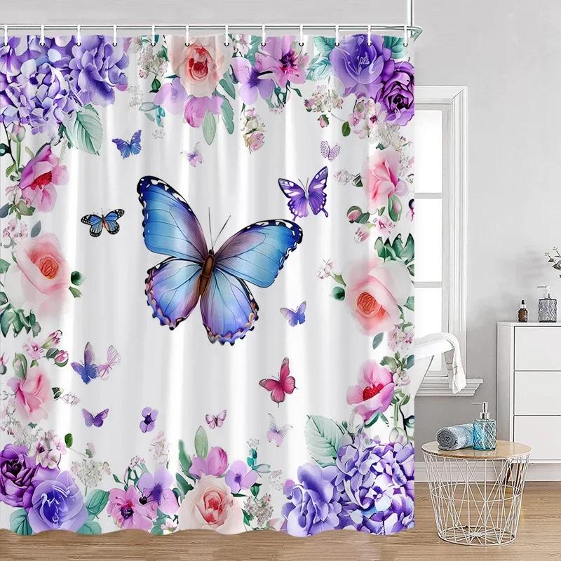 Floral Blue Butterfly Shower Curtain Purple Flowers Butterflies Plant Polyester Fabric Bathroom Decor Bath Curtains With Hooks