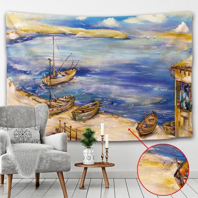 Oil Painting Moon Harbor Fishing Boat Tapestry Wall Decoration Cloth Tapestries Wall Hanging Beach Blanket Art Painting Tapestry