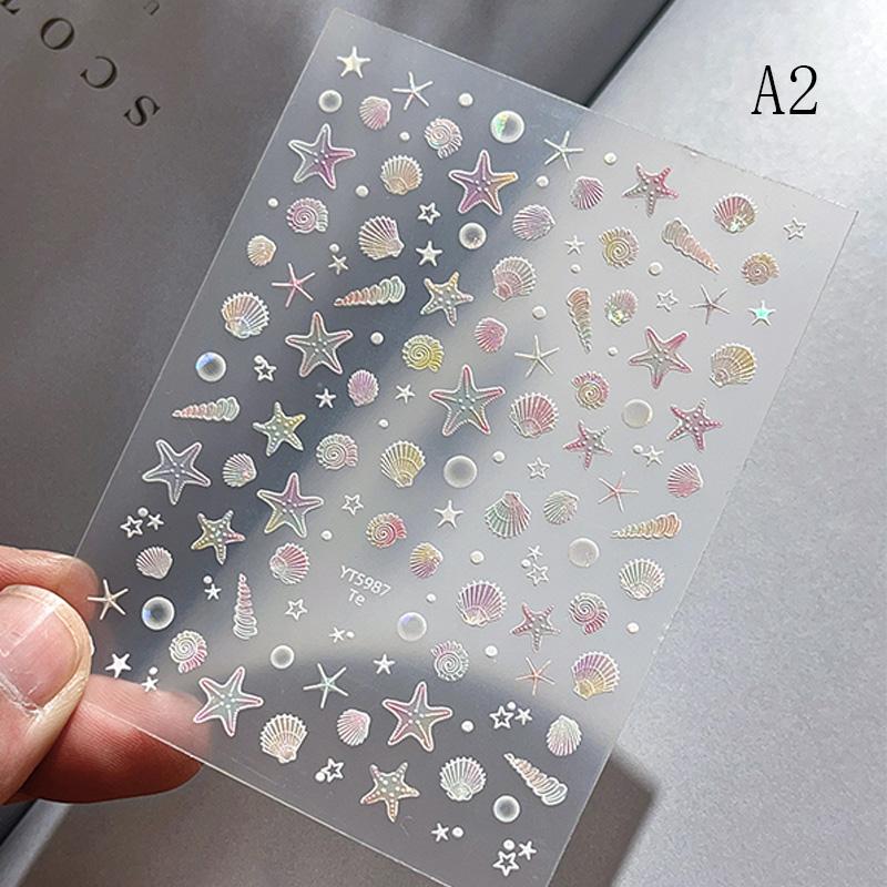 Summer Beach Jellyfish Nail Stickers Colorful Shell Starfish Conch Fish Adhesive Embossed Decals Manicure Foils for Decor