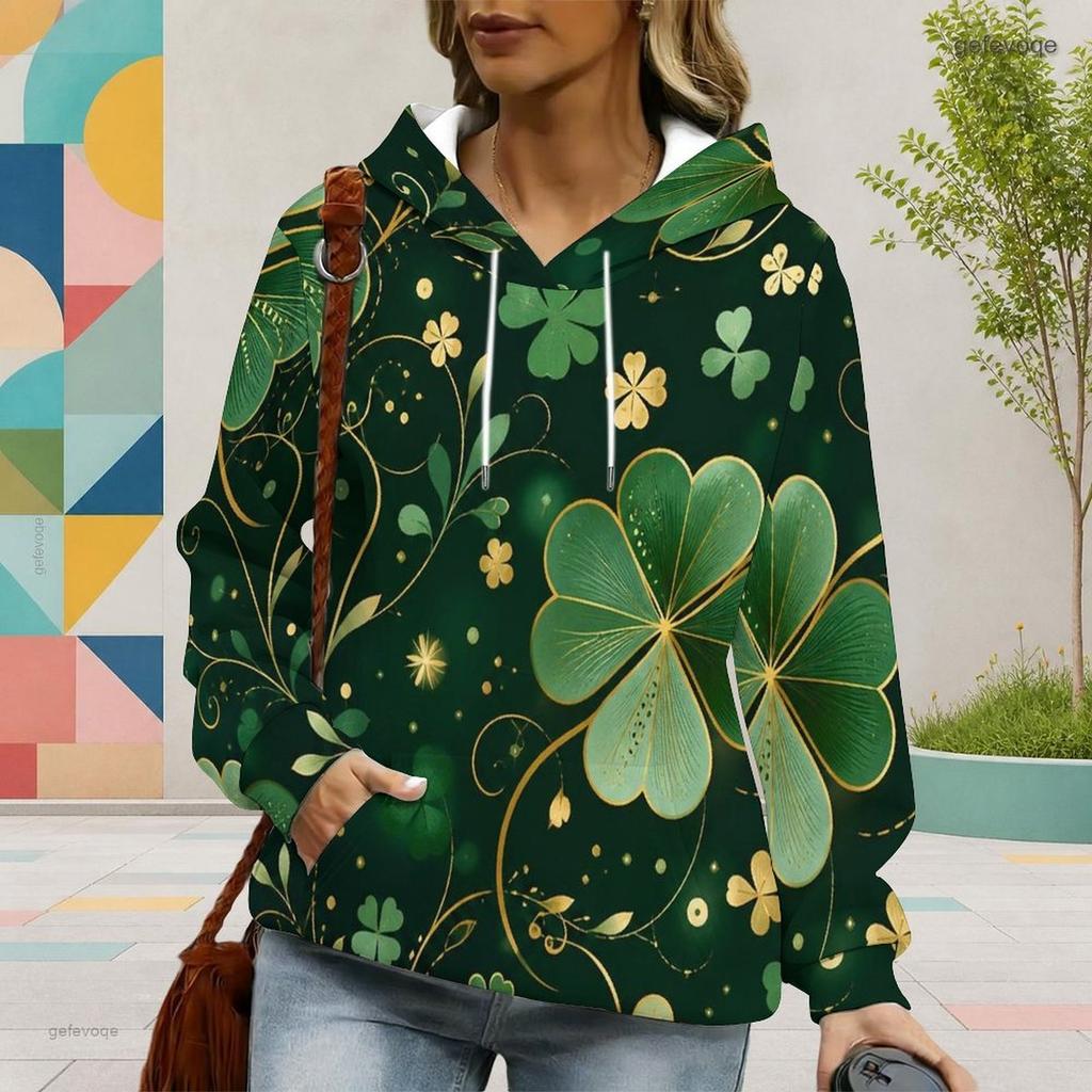 Women Plus Size Long Sleeve Dark Green Clover Printed Drawstring Hoodie Kangaroo Pocket Pullover
