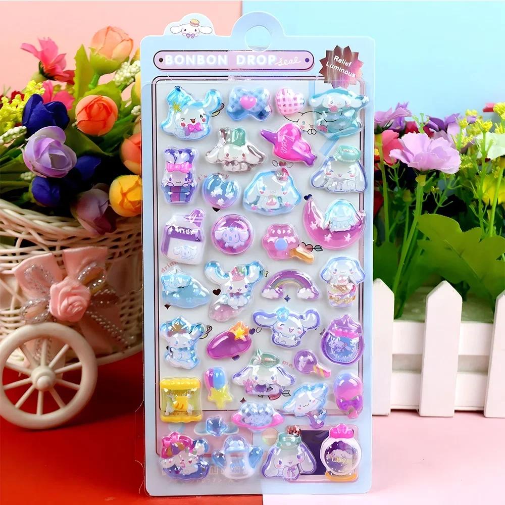 3D Hello Kitty Stickers Relief  Melody Crystal Kawaii Kuromi Luminous Cinnamoroll Sticker Decals Kids Decoration Packs Gift