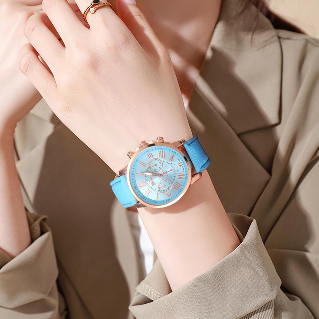 5 Stück/Set - Modische Damenuhr mit schlichtem römischem Zifferblatt Quarzuhr Damenuhr mit Lederarmband Schmuckset (kein Kasten)