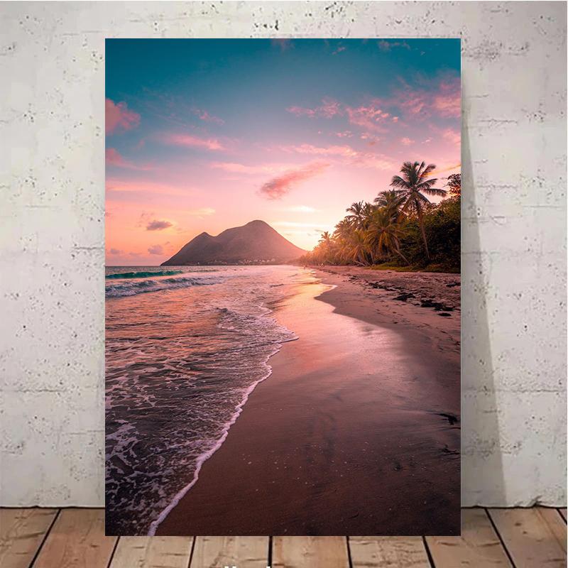 Caribbean Sunset Pink Sky Beach Sea Ocean Wave Canvas Wall Art Poster Bridge Palm  Print Painting Summer Home Decoration Gift