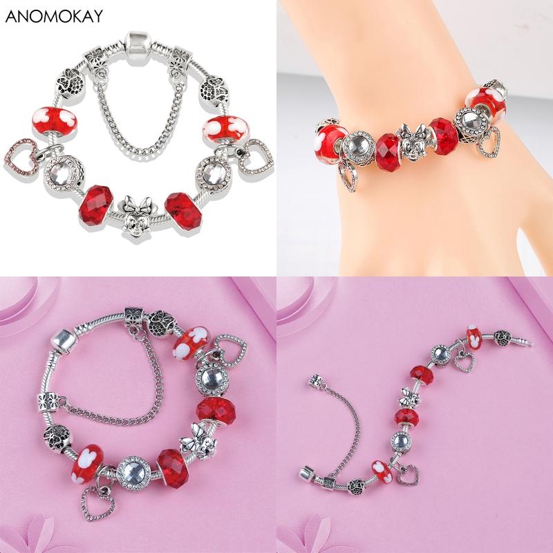 Potdemiel Pink Enamel Crystal Minnie Charm Bracelets Silver Color Heart Cartoon Bead Jewelry for Women Girl Gift