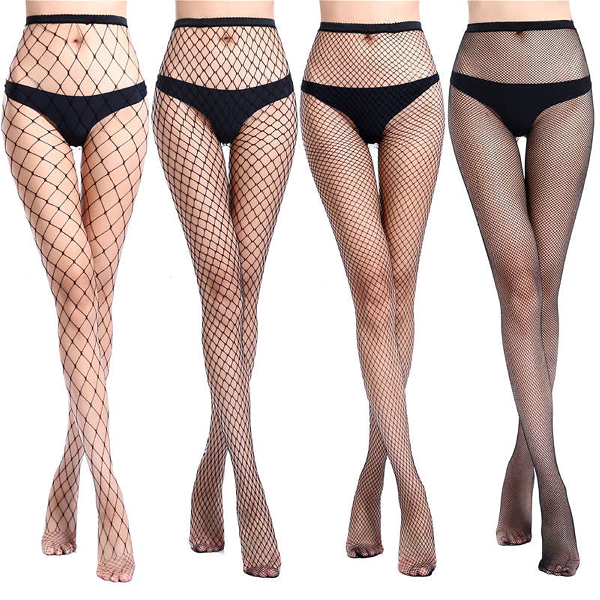 

4 Piece Set Sexy Open Crotch Set of 4 Fishnet Tights Stockings Perforated Pantyhose Cosplay Black of [harukita] Women s (Black/Set 4)