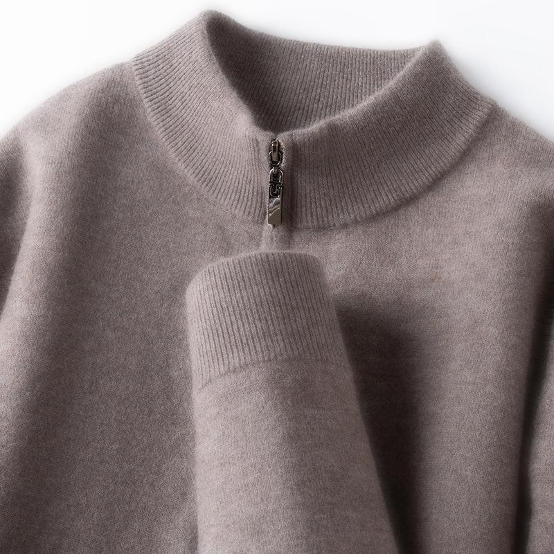 Winter 2025 Men's Warm Wool Sweater, Half-High Collar, Zipper, Solid Color, Thick Knit Base Layer