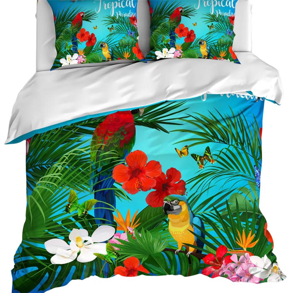 Parrot King Queen Bedding Set Cute Birds Colourful Feather Duvet Cover Tropical Flowers Comforter Cover Polyester Quilt Cover