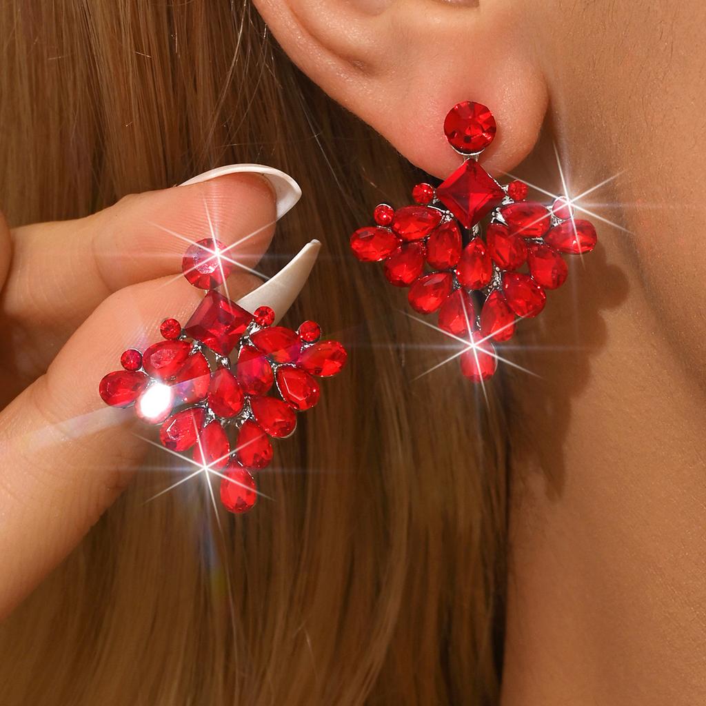Square Big Red Festive Earrings Wedding High-End Sense Rhinestone Earrings Pendant Temperament Women'S Earrings
