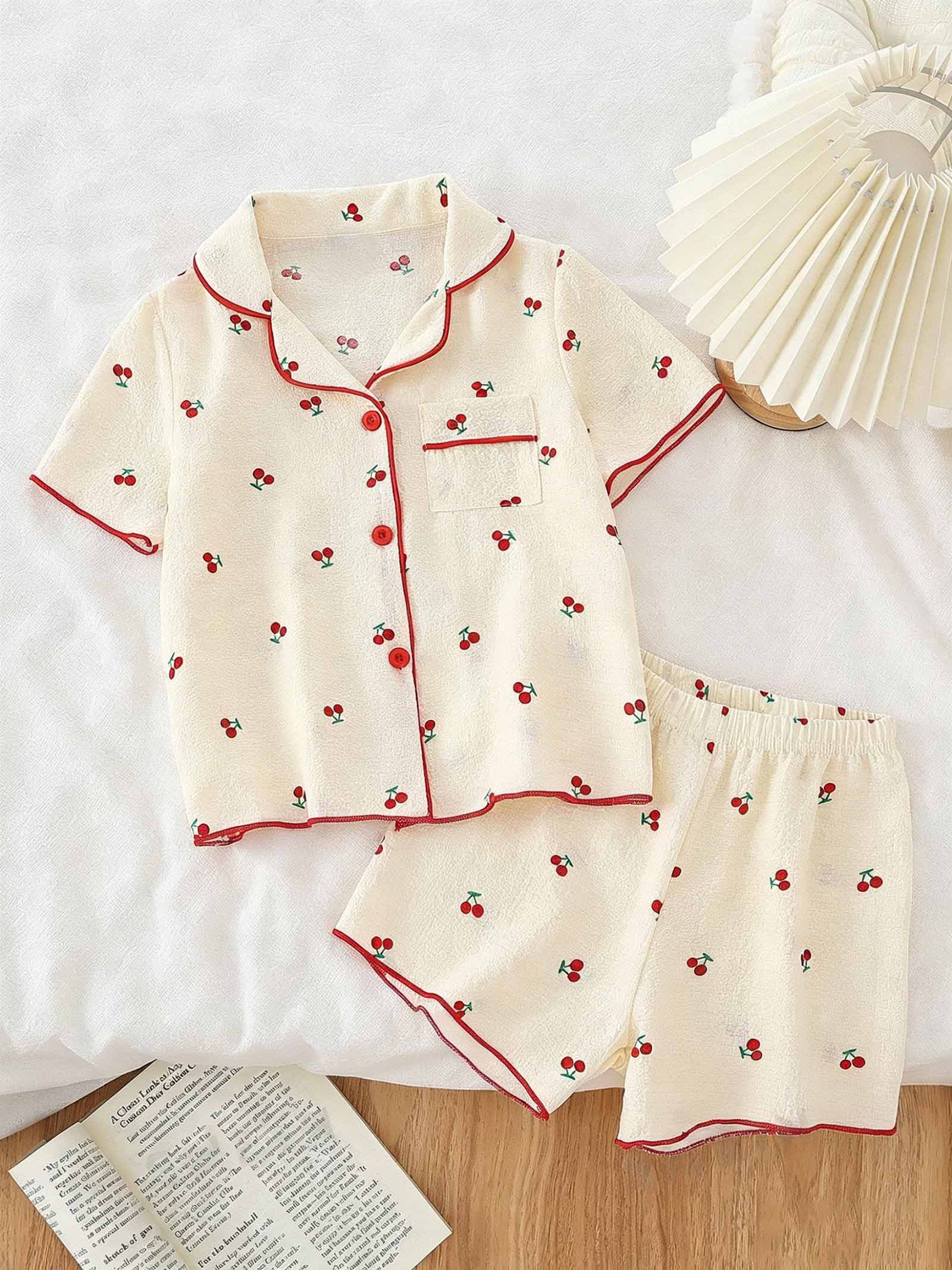 

Kids Girls Cherry Print Pajama Set, Short Sleeve Button Down Top & Shorts Sleepwear for 4-7Y 4Y жёлтый