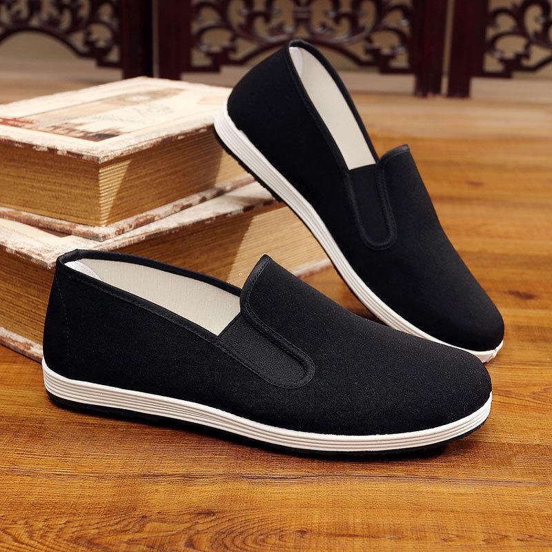 Men's Old Beijing Slip-On Shoes - Breathable, Wormwood Fabric, Non-Slip, Wear-Resistant, Thick-Soled, Black Work Shoes, Large Sizes Available