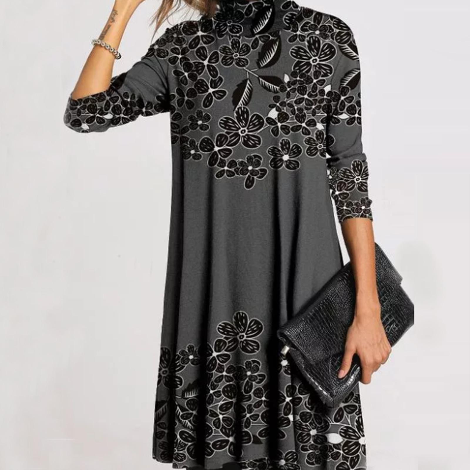 

StingyBoy женское свободное повседневное платье с литературным ретро-принтом и половиной высокого воротника и длинными рукавами S серый