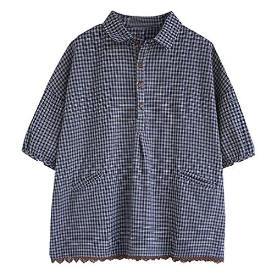 shirt for check pattern loose large summer [JQBFL] Short-sleeved women, blouse, summer, linen, cotton-linen shirt, fit, size, casual, cut-and-sew,
