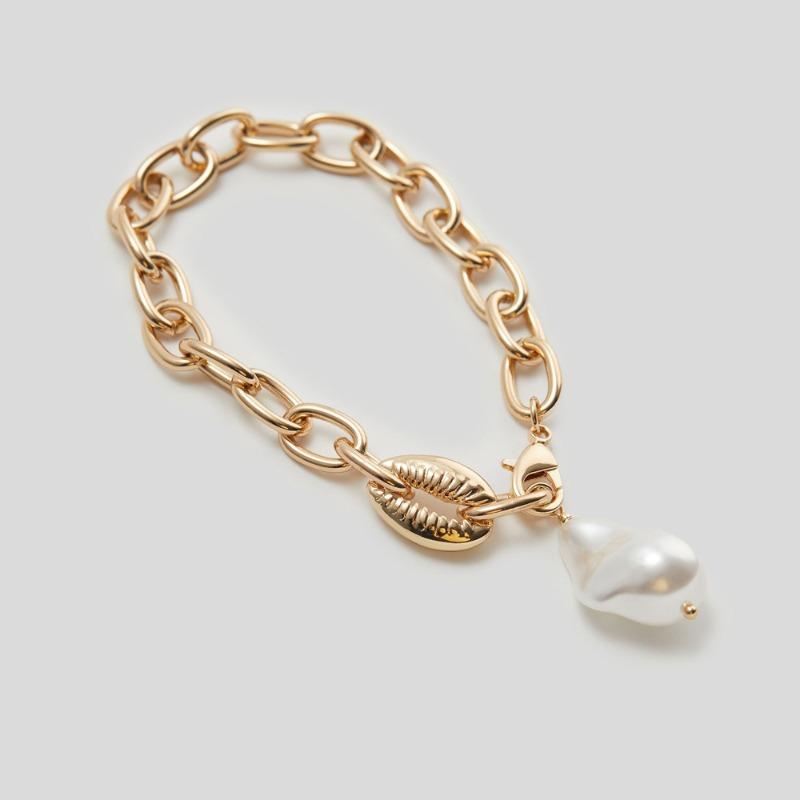 Винтажный барочный браслет-цепочка с крупными неровными искусственными жемчужинами - женские украшения золотой