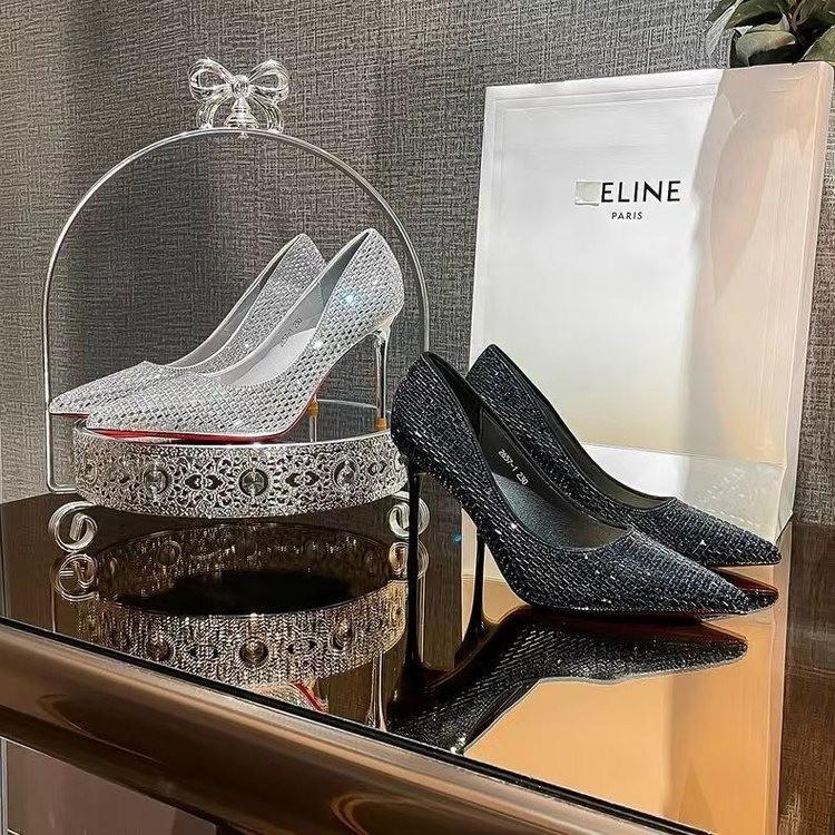 Mode Bankett Damen Schuhe dünner Absatz flacher Ausschnitt spitze Zehenpartie sexy dünn Strass farbiger Diamant hoher Absatz Vier-Jahreszeiten-Schuhe