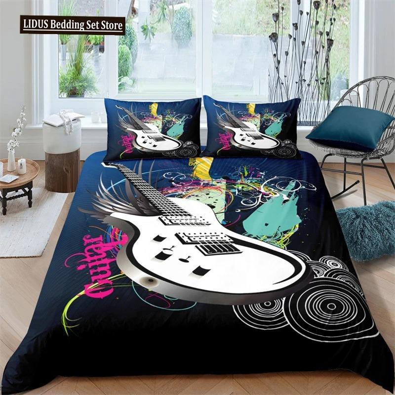 Comforter Guitar Queen Rock Music Theme Bedding Set Grunge Color Splashed Brick Wall Background Electronic Guitar Mics Design Comforter (quilt)-EU Single(135*200cm)3pcs