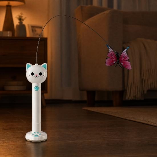 2-in-1 Interactief Katten Speeltje, Kattenhengel Speeltje met Stoffen Vlinder Teaser Zuignap Basis, Oplaadbaar Rood Licht Katten Speeltje voor Binnenkat Zelf