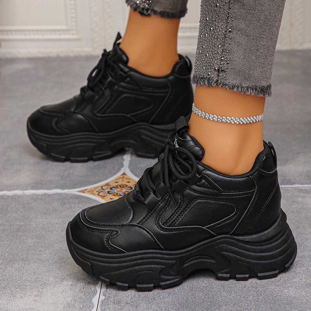 Fashion Black White Chunky Platform Sneakers for Women 2025 Autumn Thick Bottom Dad Shoes Woman PU Leather Height Increase Sneakers 42