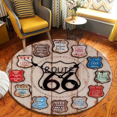 Clock Route 66 Round Area Rug,Carpet Rug for Living Room Bedroom Sofa Playroom Decor,Non-slip Floor Mat