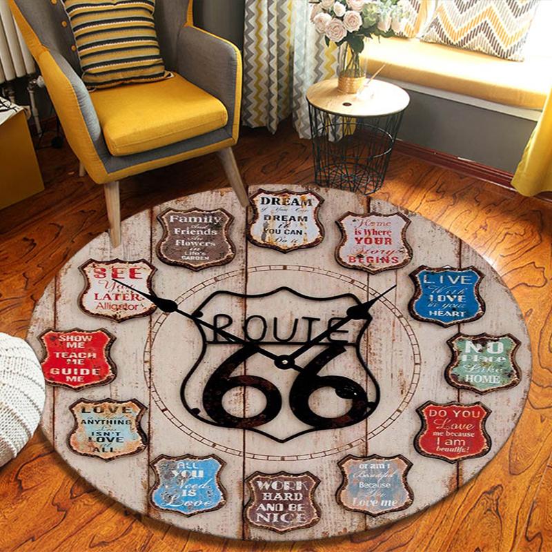 Круглый ковер Route 66 с изображением часов, Ковер для гостиной, спальни, дивана, игровой комнаты, Нескользящий коврик для пола 80cmx80cm
