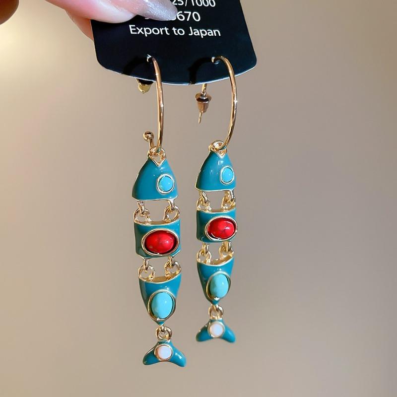 Vintage Ethnic Blue Red Enamel Fish Tassel C Shaped Long Hoop Earrings Women Gold Plated Alloy Casual Party Jewelry