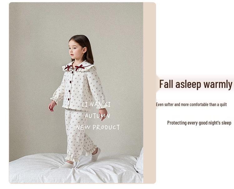 Girls' Autumn/Winter 2025 Fleece Pajama Set: Warm, Korean Style Bow Design for Small To Medium Children
