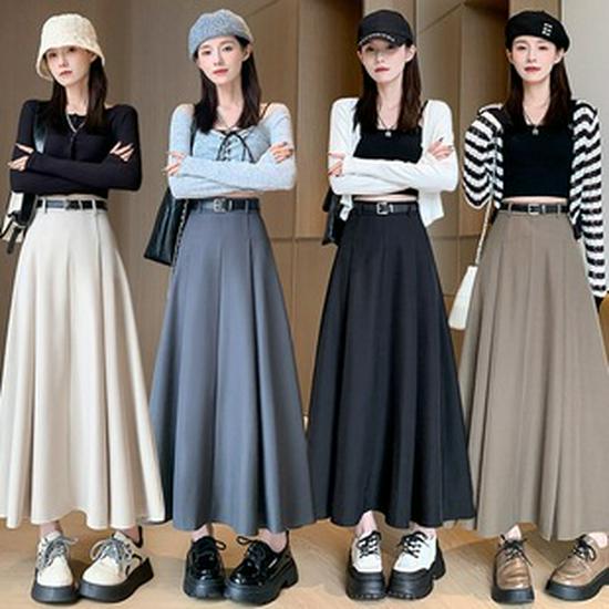 Women's Autumn/Winter High Waist Slimming Pleated Skirt with Belt - Elegant Mid-Length Swing Skirt