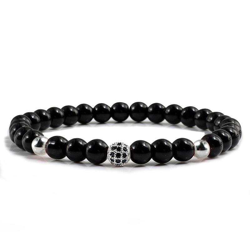 Black Frosted Copper Bead Bracelet with Micro-Inlaid Black Diamond and White Porcelain, Elastic Rope Jewelry for Men and Women.