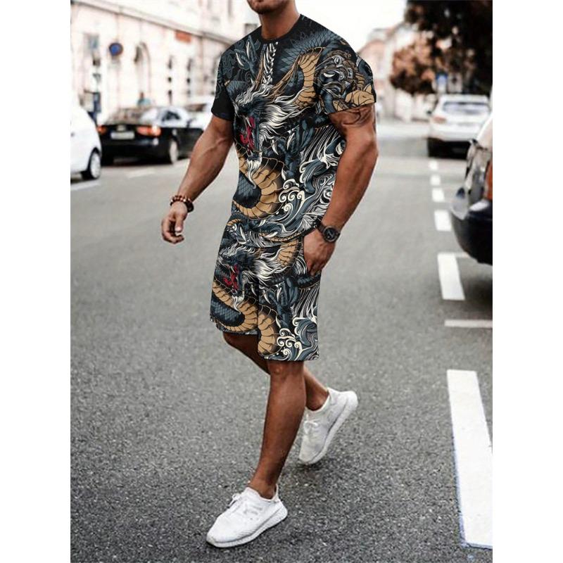 Fashion Lion 3D Print Men's Set Summer Crew Neck Short Sleeve Top & Breathable Shorts Streetwear Casual Two-Piece Set