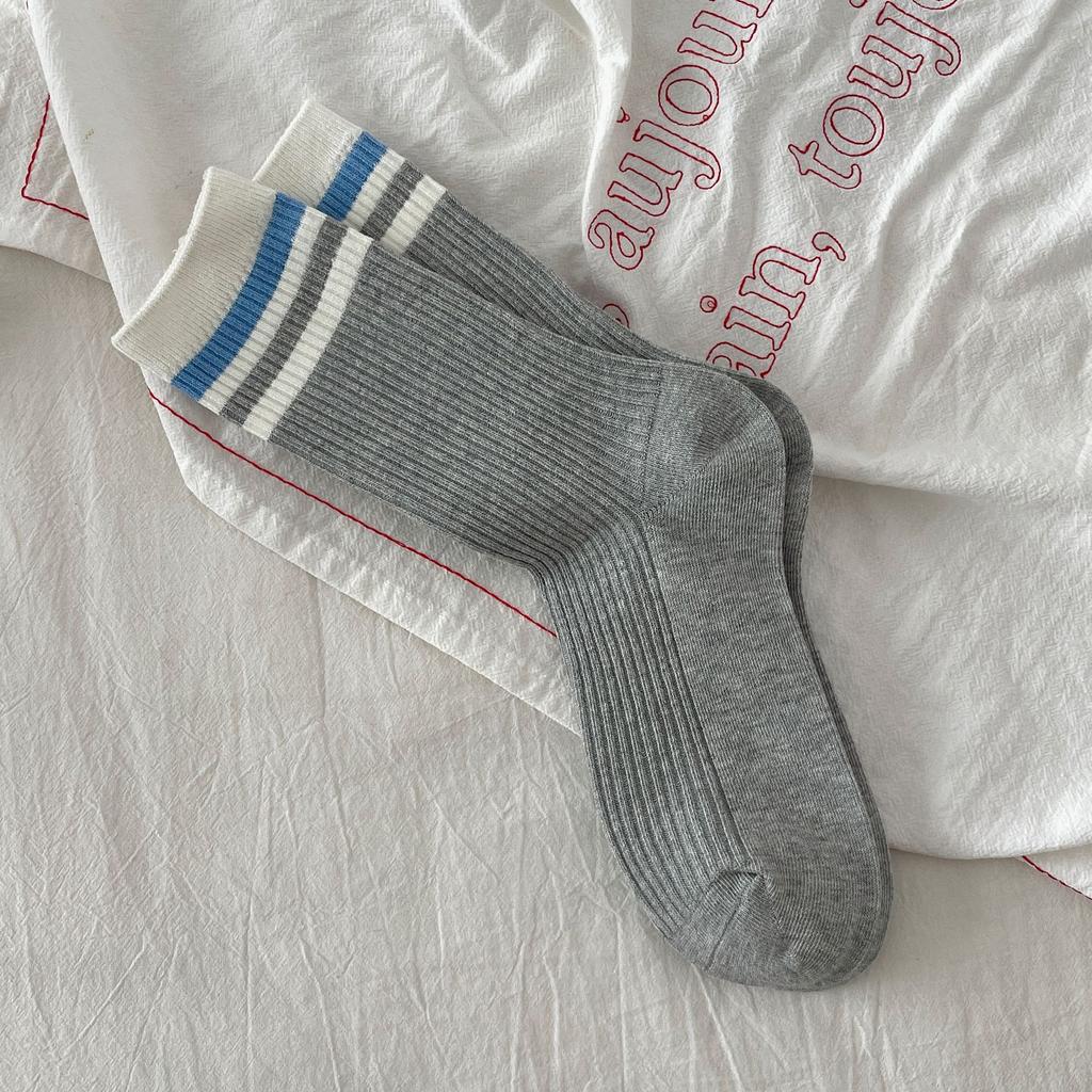 Korean Double Needle Striped Cotton Socks Autumn Retro Sports Stockings Piled Up Socks With Socks Stripes