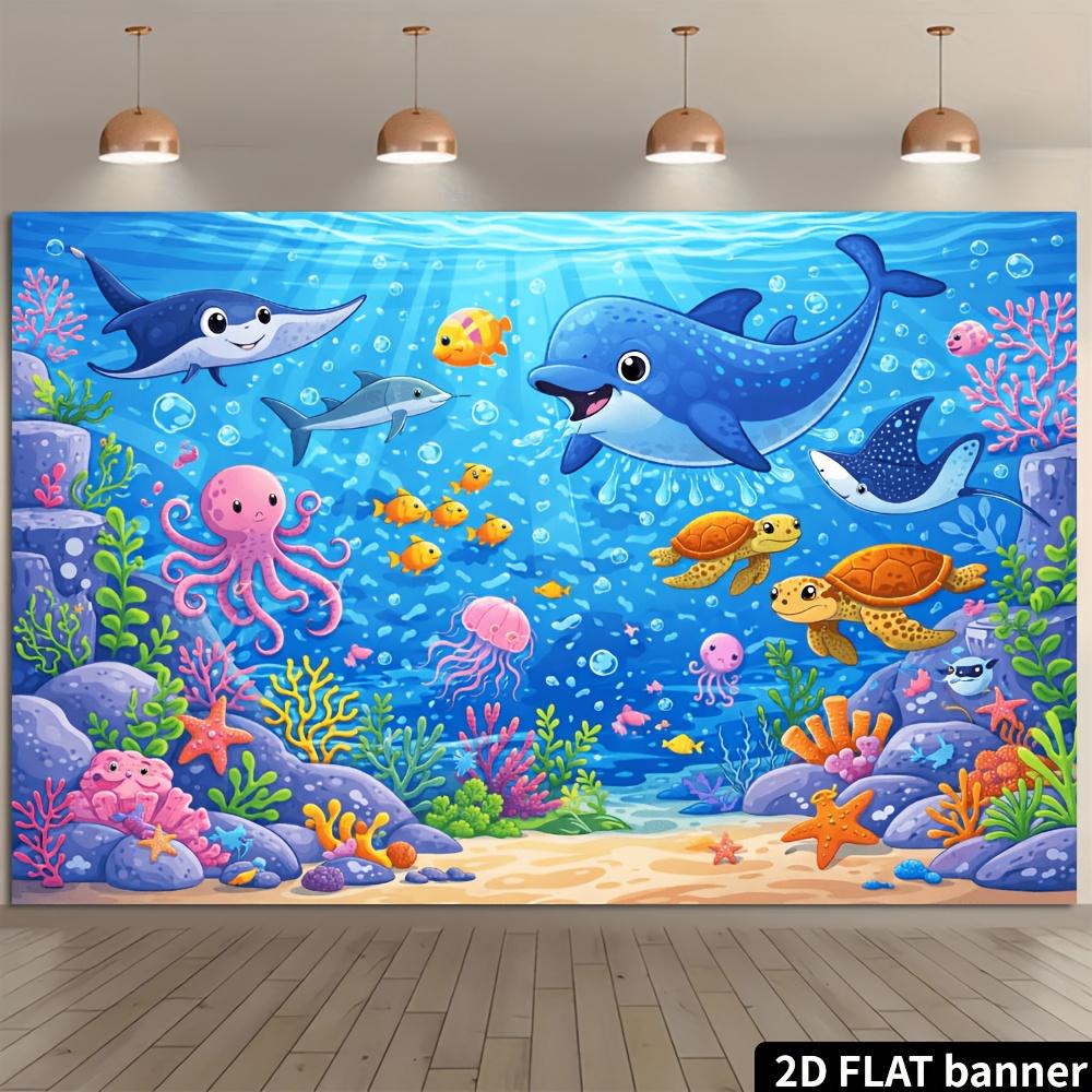2D planar cartoon underwater world banner full of fun marine theme suitable for indoor/outdoor activities and wall decoration