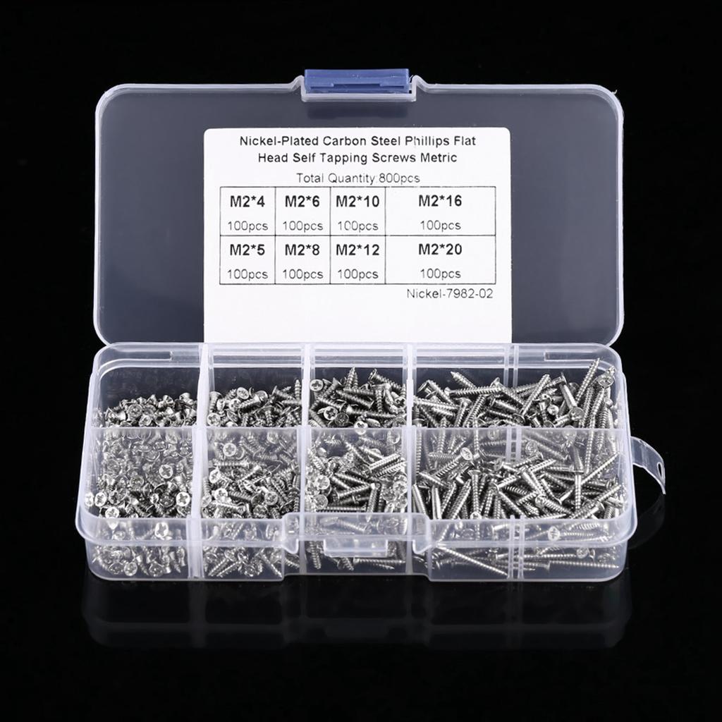 800pcs M2 Cross Drive Flat Head Self‑Tapping Screws Woodworking Fastener with Box