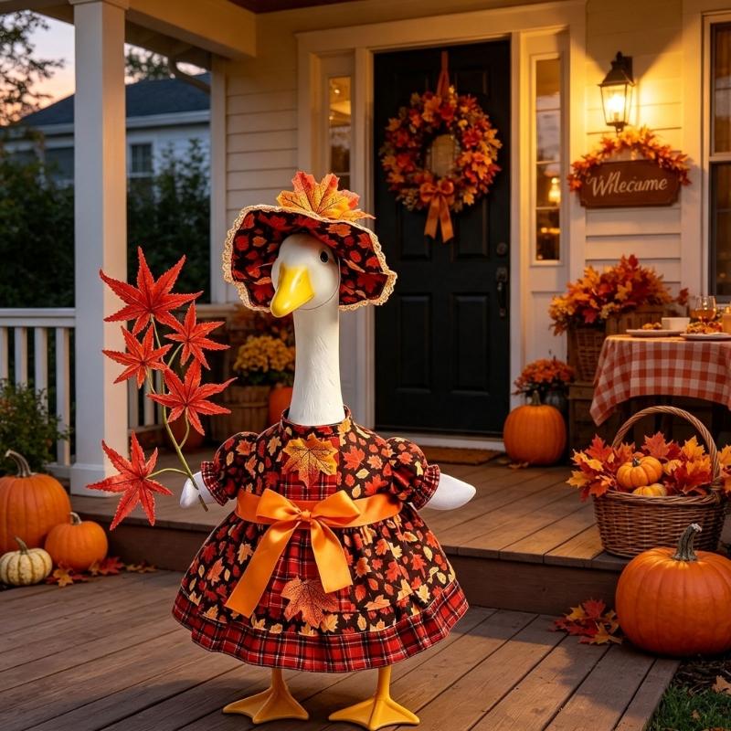 Maple Leaf Porch Bird Dress Set for Front Door Display, 21Inch Bird Statue Outfit with Matching Hat for Porch Animal Statue Decoration