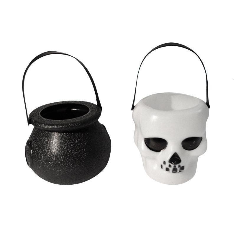 2Pcs/Lot  Black+White Plastic Candy Jar Skull Witch Cauldron Candy Kettle Halloween Party Hanging Pro