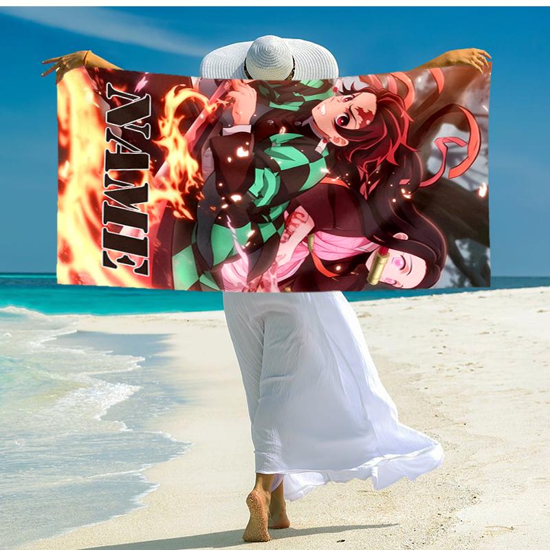 Personalized customized proof beach towel with Demon Slayer Tanjiro Kamado pattern - soft, absorbent, quick-drying, perfect swimming, camping&bathing