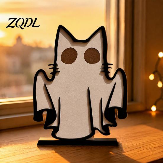 Minimalist Halloween Party Favors Ghost Cat Ornament, Wooden Decoration, Spooky Cute Fall Seasonal Table Centerpieces Centerpiece for Home Office