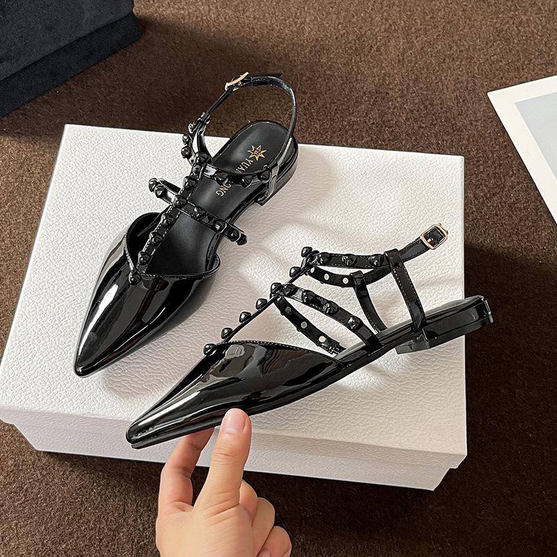 Warren 2025 Autumn and Summer New Fashion Bag Head Sandals Women's Temperament Rivet Trip Strap Pointed Single Shoes Women's Summer Wear