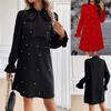 Women's Spring New Tie-up Beaded Long Sleeve Loose Solid Color Dress
