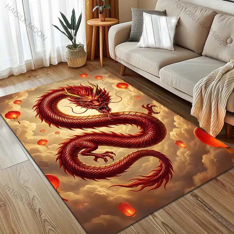 1PC Red Dragon with Floating Lanterns Carpet for Living Room Bedroom Sofa Home Decor Rus Non-slip Floor Mat Luxury Gift