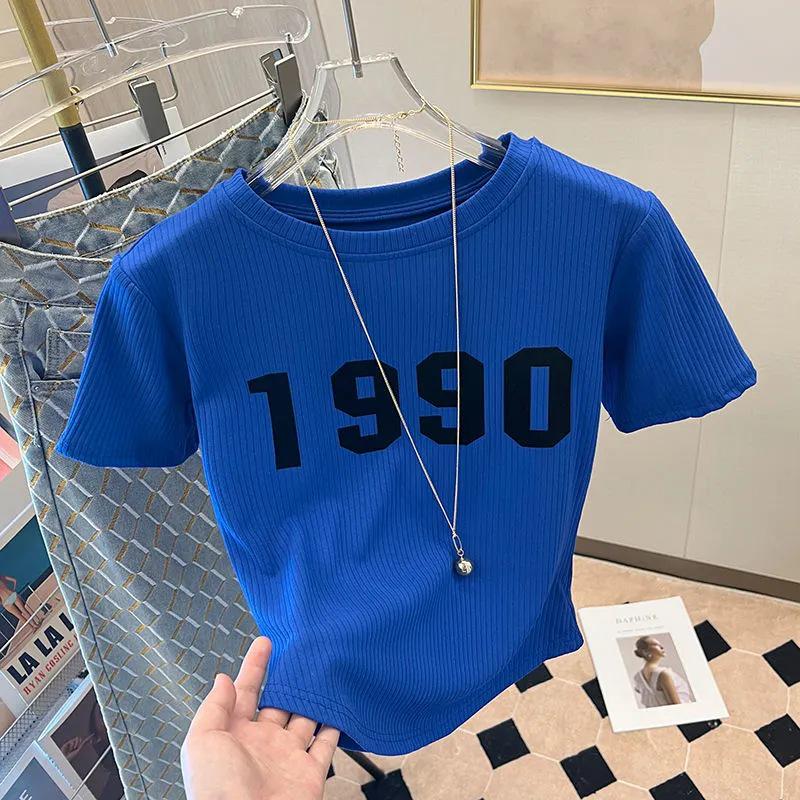 Women's 2024 Summer White Printed Letter Short-Sleeve Loose T-Shirt