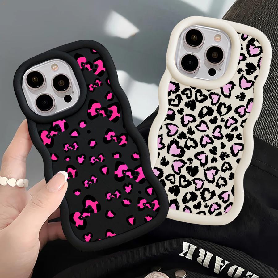 Soft Phone Cover Case for iPhone 15 Plus 11 16 Pro Max 8 12 13 14 17 Air XR Leopard Print Pink Love