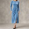 Womens Winter Long Sleeve Velvet Dress With Waist Tie Slit Fit Midi