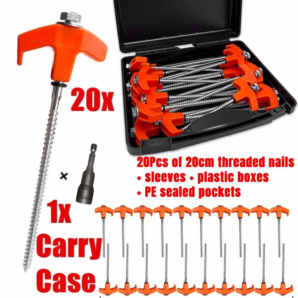20 Pack 7inch Pegs Screw In Drill Top Includes Hex Head Driver & Storage Box Awning Pegs Metal Threaded Tent Spikes for Camping