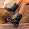 Fashion Metal Belt Buckle Block Heel Single Boots Autumn New Round Toe Side Zip Platform Non-Slip Shorthole Boots