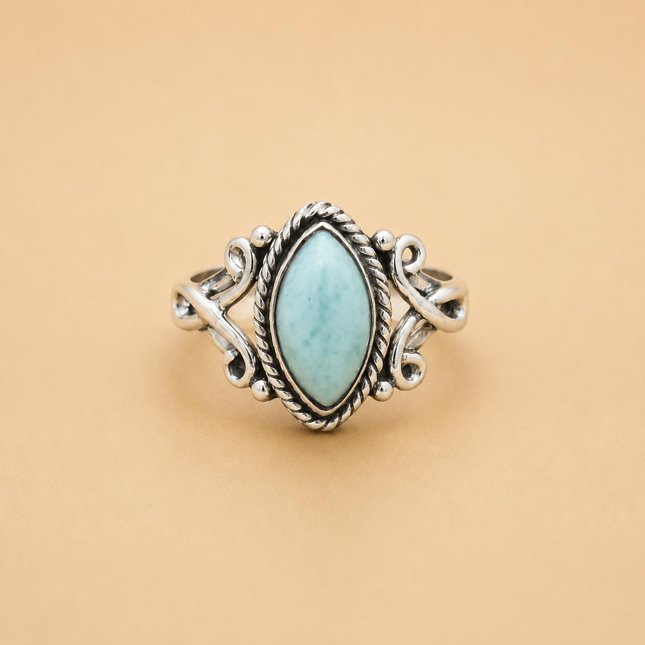 

Larimar Marquise Ring in 925 Sterling Silver, Handmade Boho Statement Ring, Vintage Ocean Blue Gemstone Jewelry for Women 4 серебряный