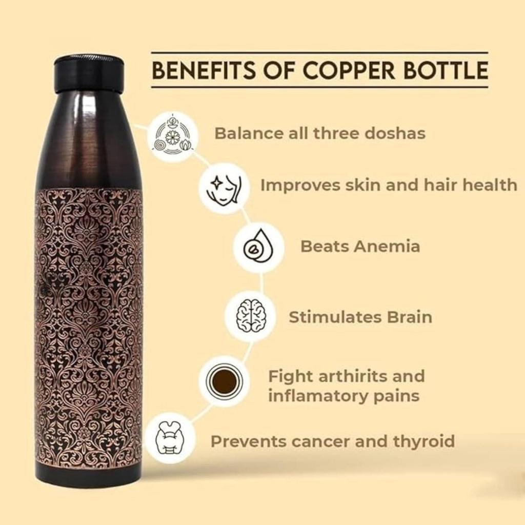Copper Water Bottle 1 Litre | Water Bottle for Office | Water Bottle for Kids | 100% Pure Copper Insulation Wide Mouth