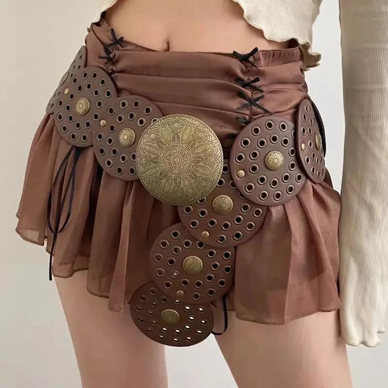 Women Spice Y2K Harajuku Style Vintage Rivet Patchwork Design Wide Belt Street Faux Leather Waistband