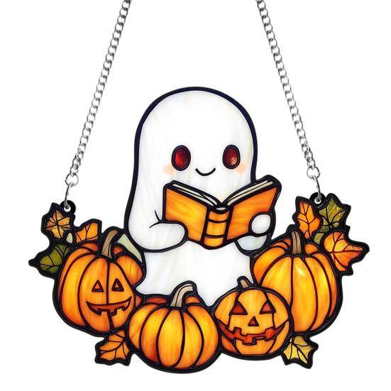 Halloween Cute Ghost Suncatcher Stained Glass Style Acrylic Window Hanging Ghost Light Catcher for Window Wall Decor