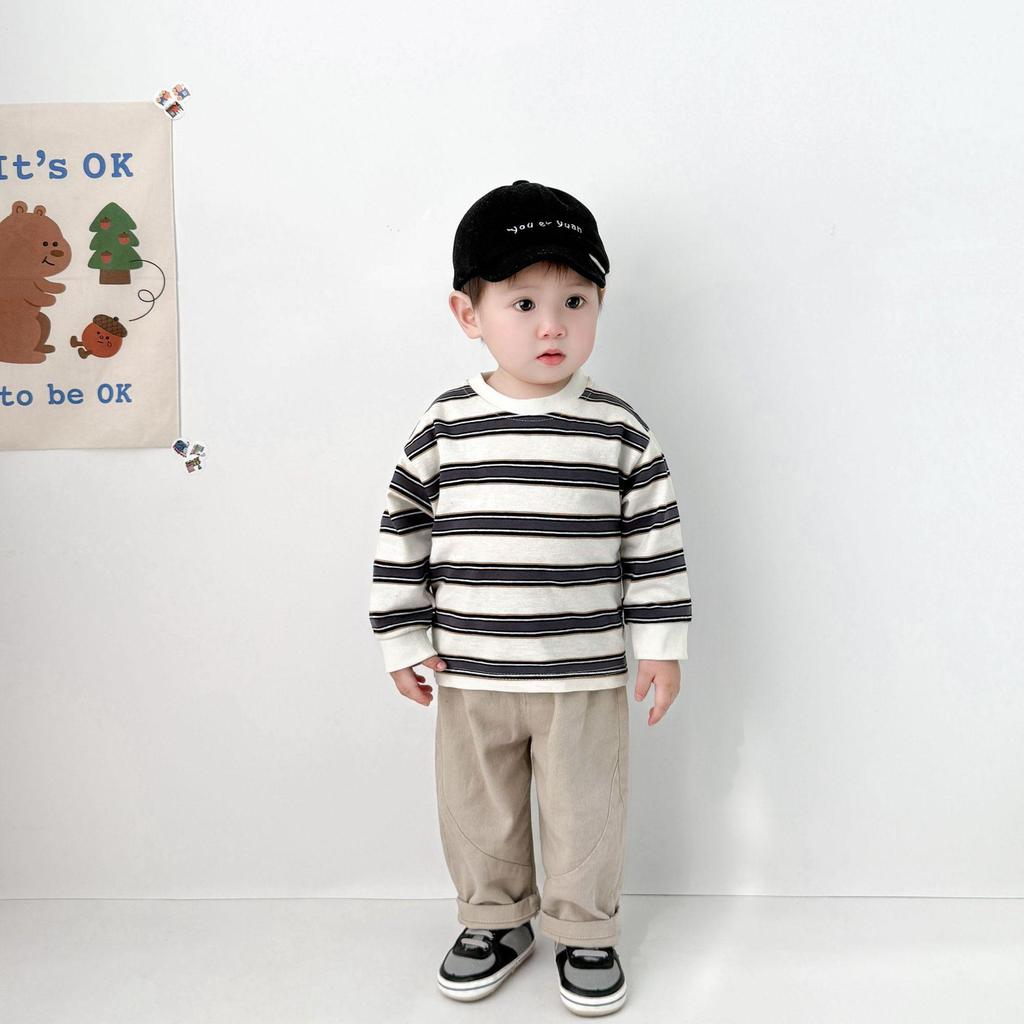 Koreansk randig långärmad baby-t-shirt för pojkar och flickor - Vår/Hösttopp