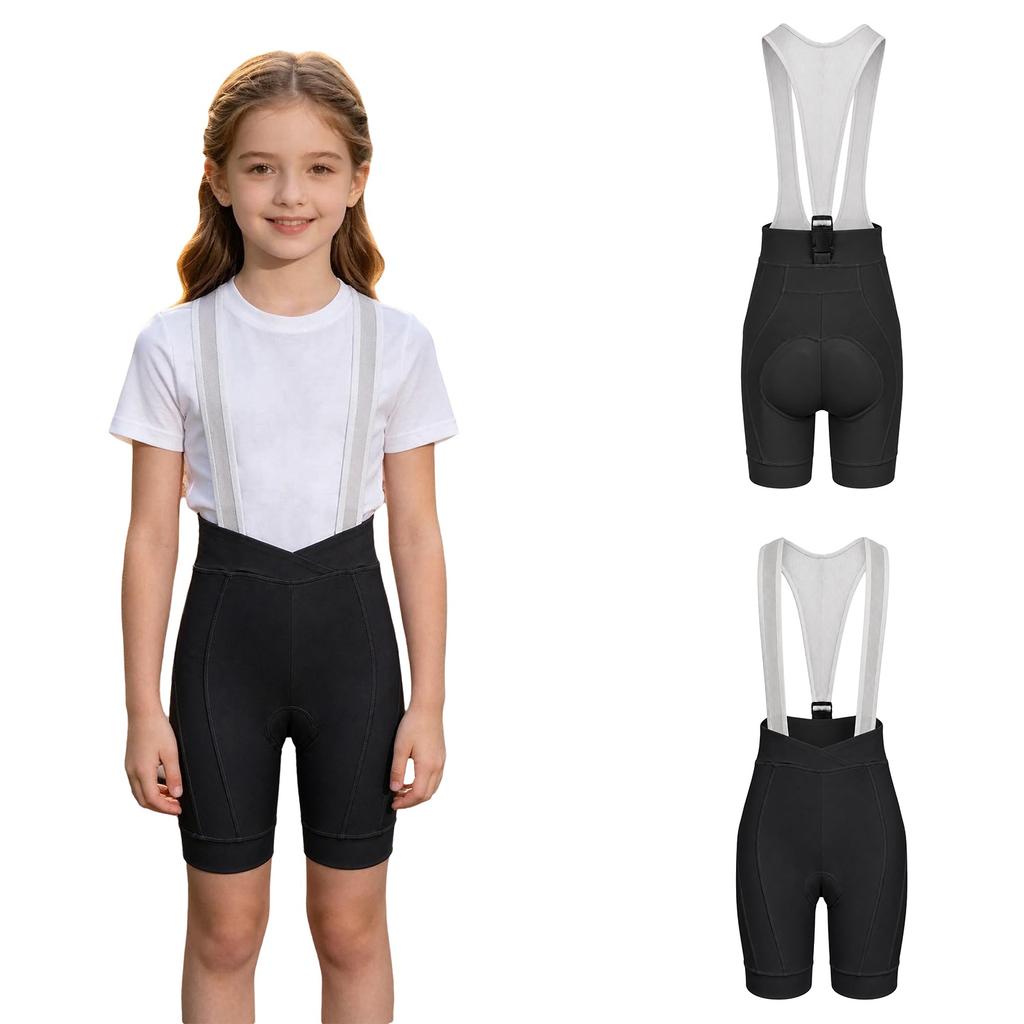 Kids Girls Cycling Bib Shorts High Waist V-Front 3D Padded Bike Shorts with Mesh Straps for Outdoor Sports Training