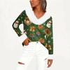 Women's T Shirt Tee Christmas Shirt Long Sleeve Party Christmas Print Fleece Collar V Neck Top